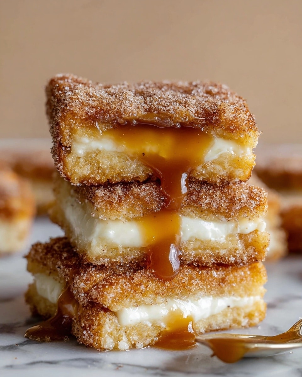 A close-up of a stack of four square pieces of fried cinnamon sugar-coated dessert, each piece showing two layers of golden-brown, crispy outer crust with a rough texture and a inside creamy white filling; a thick swipe of glossy caramel sauce is slowly dripping down the sides of the second and bottom pieces, pooling slightly on a white marbled surface below. The crust has a visible light dusting of cinnamon sugar crystals giving it a grainy look, while the filling looks smooth and soft, contrasting with the crunchy exterior. In the foreground, a spoon with caramel sauce is slightly out of focus. Photo taken with an iphone --ar 4:5 --v 7