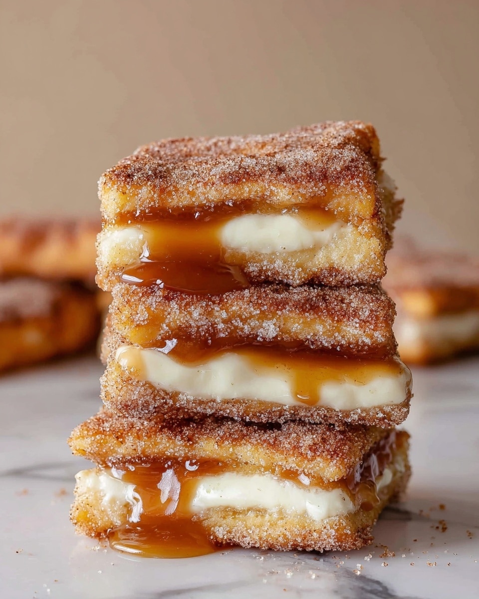 A stack of four fried pastry squares is shown, each pastry piece having three layers: the top and bottom layers are golden brown and crispy, coated with a cinnamon sugar mixture, and the middle layer is a creamy white filling. Between the layers, smooth caramel sauce drips slightly out at the edges, adding a glossy amber contrast to the matte cinnamon sugar coating. The pastries are stacked directly on a white marbled surface, with some caramel pooled at the base, and blurred pastry pieces can be seen softly in the background. photo taken with an iphone --ar 4:5 --v 7