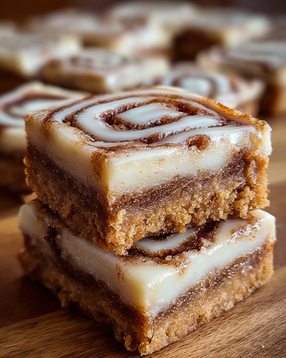 Two square cinnamon roll bars are stacked on a wooden board, each bar showing three visible layers: a golden brown, slightly crumbly base layer; a thick, creamy white middle layer with a smooth texture; and a top layer with a cinnamon swirl pattern in light brown on a pale cream surface, glistening with a sticky glaze. In the background, more bars arranged out of focus on the same wooden surface enhance the warm, cozy feel. photo taken with an iphone --ar 4:5 --v 7