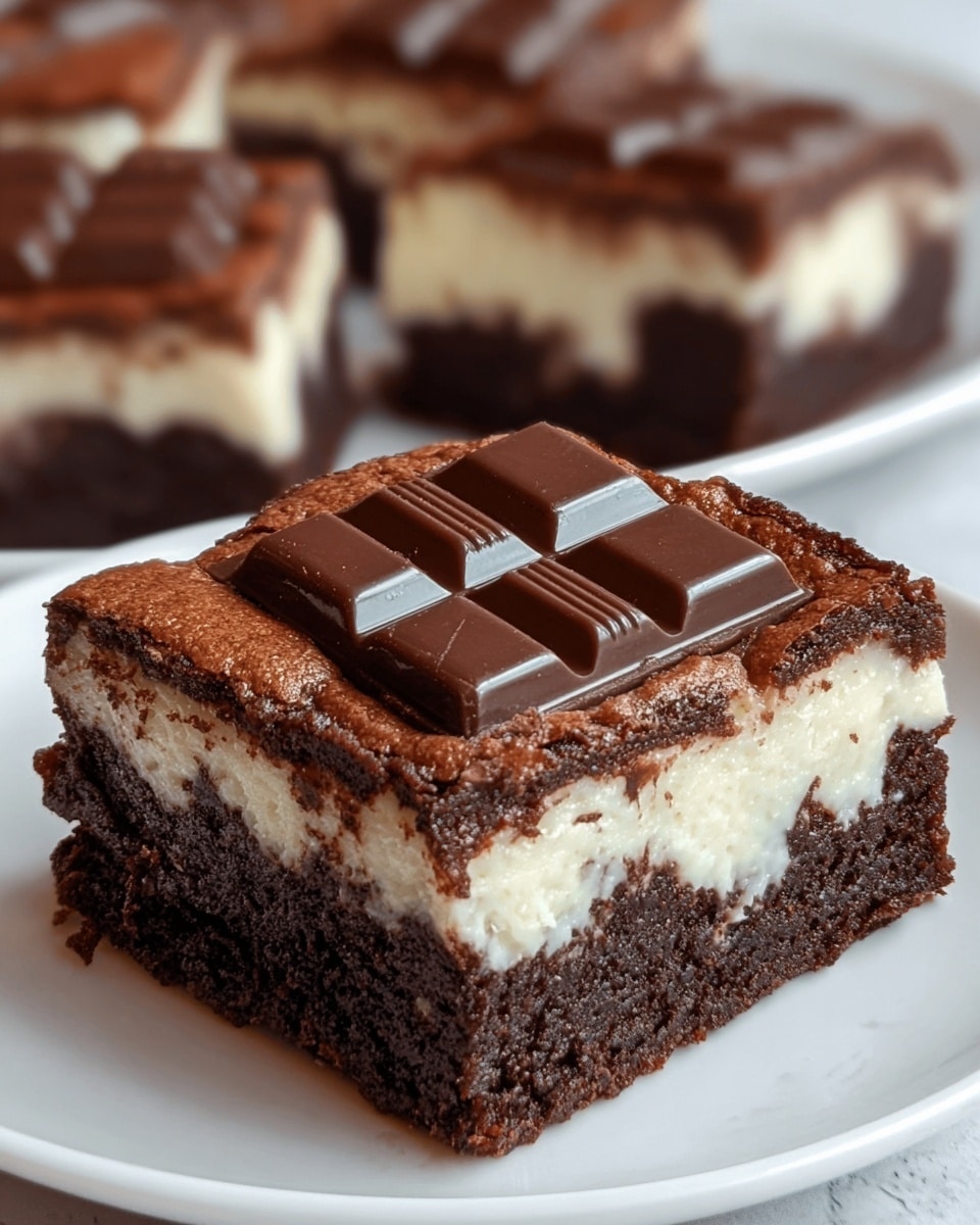 A close-up image shows a chocolate brownie cut into squares with three visible layers. The bottom layer is a dark, dense, and moist brownie. The middle layer is thick, creamy white, slightly melting into the brownie below. The top layer is a cracked chocolate crust with a melting white cream edge around a piece of solid milk chocolate bar pressed into the center. The background includes more similar brownies out of focus, resting on a white plate over a white marbled surface. Photo taken with an iphone --ar 4:5 --v 7