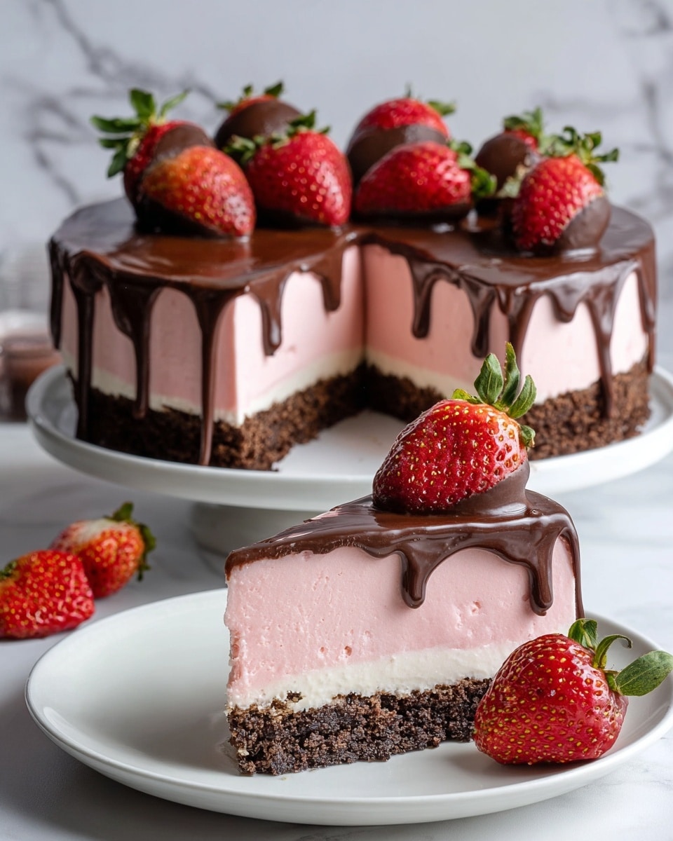 The image shows a round cheesecake with three clear layers. The bottom layer is a dark brown crumbly crust, the middle layer is thick and smooth with a light pink color, and the top layer is a shiny dark chocolate glaze that drips down the sides unevenly. Fresh red strawberries with green leaves sit on top of the chocolate layer, some dipped in chocolate while others are plain. One slice of the cheesecake is placed on a white plate in front, showing all the layers clearly, with a chocolate-dipped strawberry resting next to it. The background and surface have a white marbled texture, and the lighting highlights the creamy texture of the pink cheesecake and the glossy chocolate. photo taken with an iphone --ar 4:5 --v 7