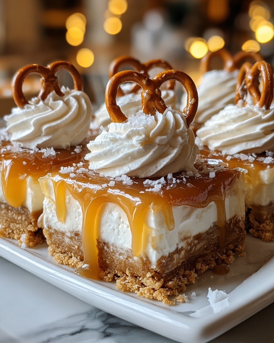 A close-up view of a dessert bar on a white plate showing four main layers: a crumbly light brown base, a thick creamy white middle layer, a glossy golden caramel layer dripping slightly on the sides, and on top, swirled white whipped cream with a small salty pretzel placed on each swirl. The pretzels are golden-brown with coarse salt crystals visible. The background is softly blurred with warm lights, and the surface beneath the plate has a white marbled texture. photo taken with an iphone --ar 4:5 --v 7