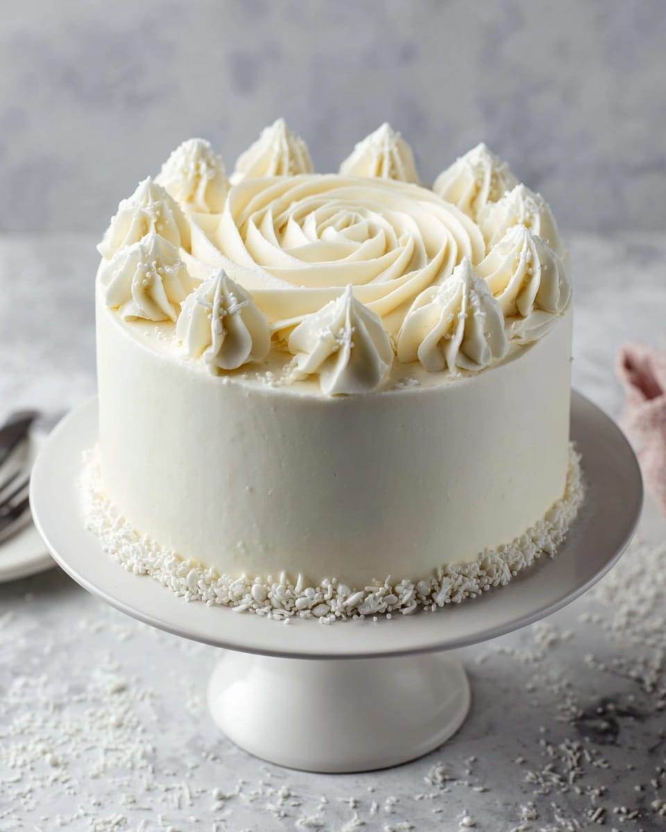 A round cake with smooth white frosting covers the entire cake as the base layer. The top has a swirl of white frosting in the middle, creating a rose shape. Around the edge of the top, there are evenly spaced small swirls of white frosting, each topped with small white sprinkles. The base of the cake is decorated with a neat row of small white frosting dots. The cake sits on a white pedestal cake stand with a slightly flared base, placed on a white marbled textured surface scattered lightly with white crumbs. Photo taken with an iphone --ar 4:5 --v 7