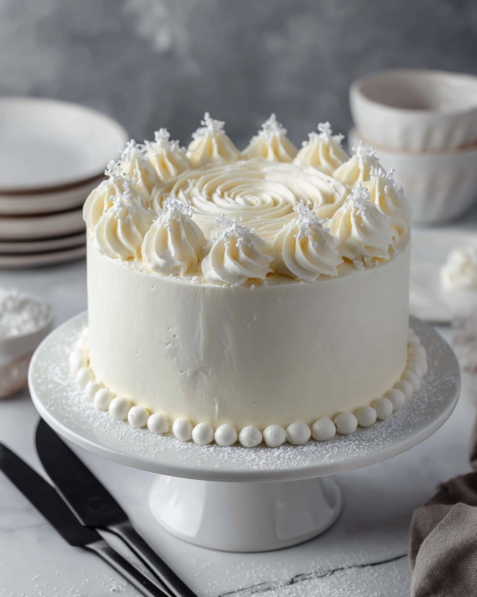 A round white cake with smooth white frosting covers the entire surface. The top is decorated with a swirl pattern in the center made from piped white cream, surrounded by eight tall white cream rosettes, each topped with small white sprinkles. Around the base of the cake is a line of small white cream dots. The cake sits on a white pedestal cake stand on a white marbled surface dusted with powdered sugar. Two black knives are placed nearby on the surface. In the blurred background, a white bowl and a stack of white plates are visible. photo taken with an iphone --ar 4:5 --v 7