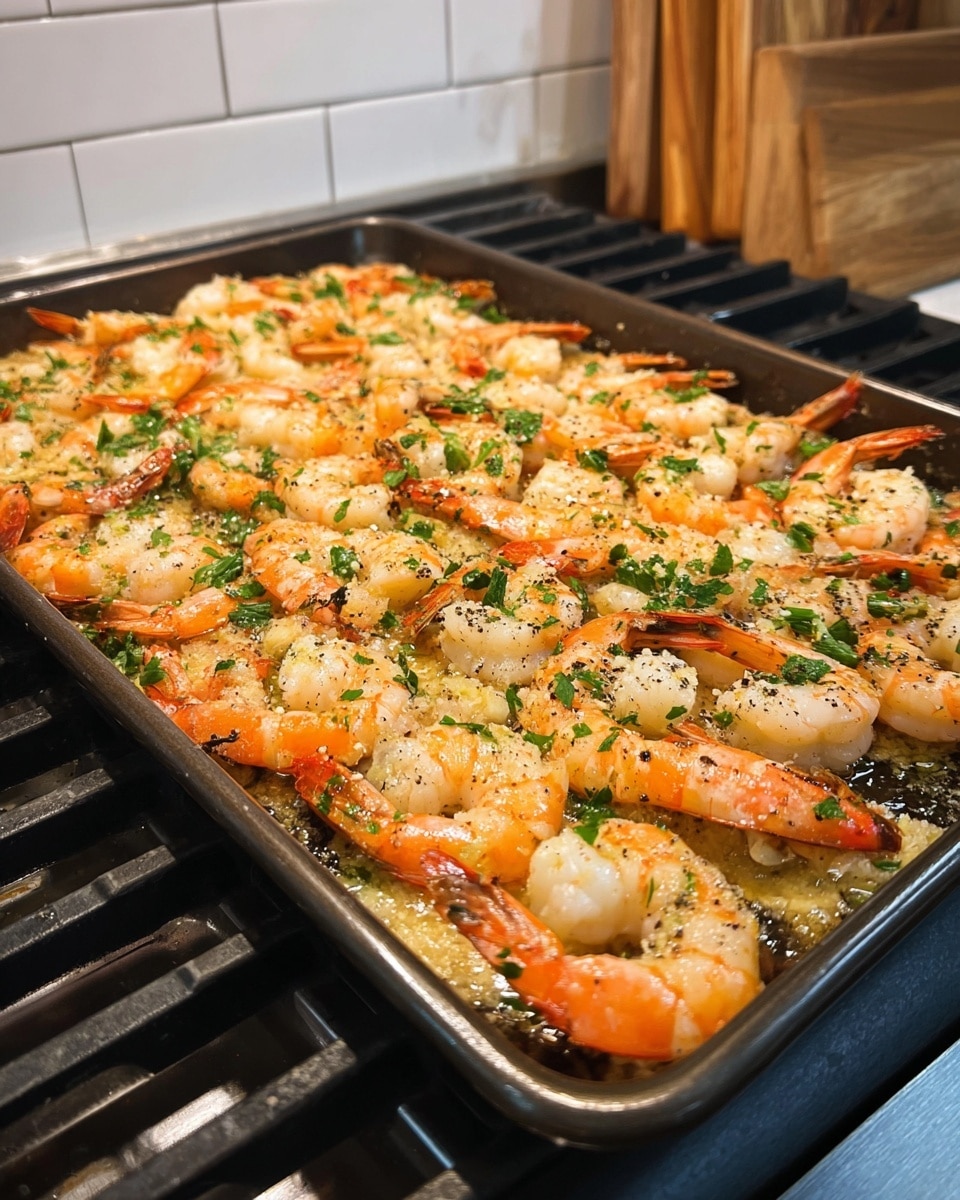 A tray full of cooked shrimp is shown, each piece orange and white with a slightly crispy texture on top. The shrimp are layered evenly side by side, with some chopped green herbs sprinkled over all, adding bright green color. There are visible specks of black pepper and small bits of light-colored garlic scattered on the shrimp. The tray is dark and sits on a stove with black grates, while the background shows wood cutting boards and white tiled walls. The tray rests on a white marbled surface. photo taken with an iphone --ar 4:5 --v 7