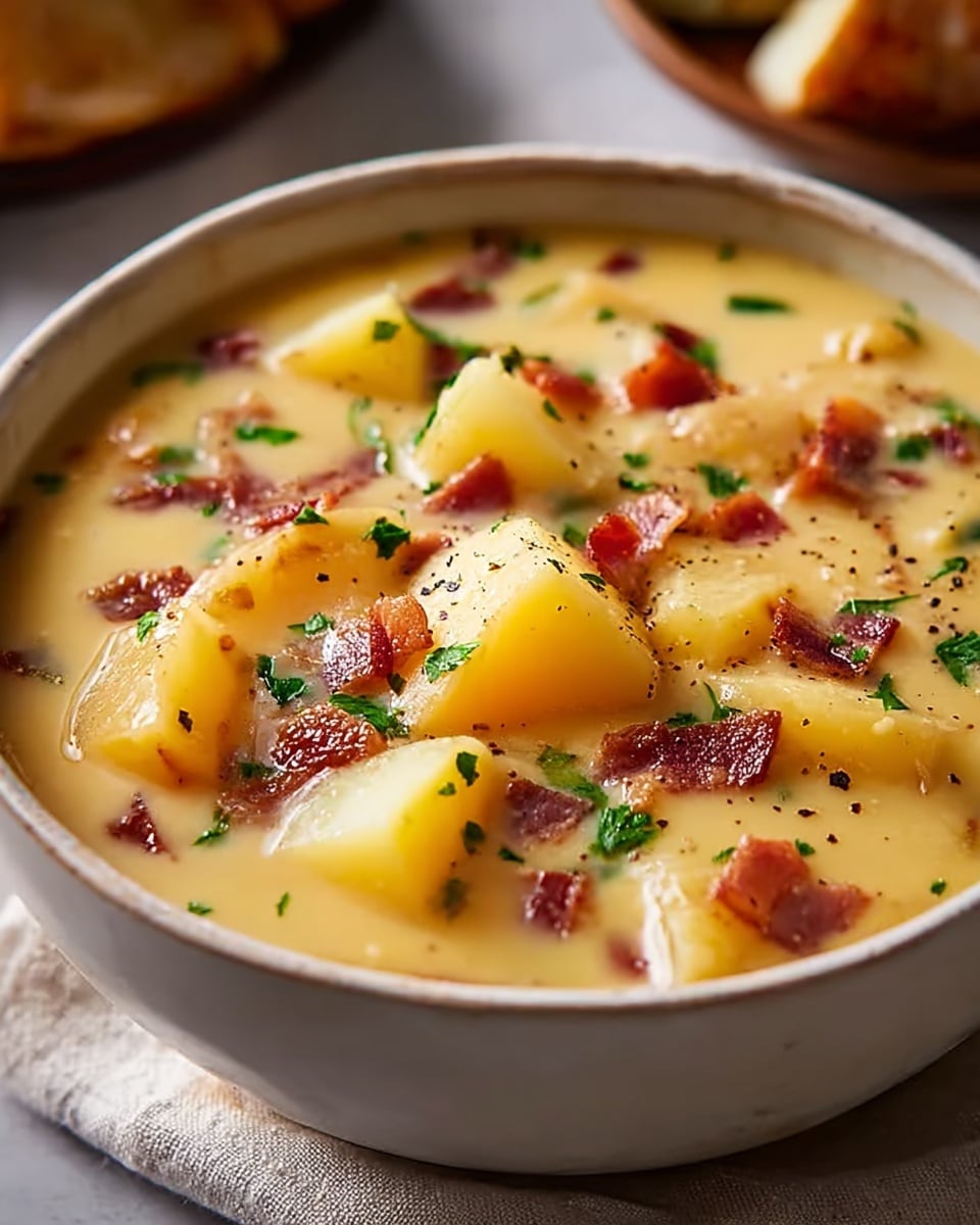 A close-up view of a thick soup in a deep white bowl with a smooth, creamy beige base filled with large chunks of light yellow potatoes scattered throughout. Small pieces of reddish-brown bacon and tiny green herb bits are evenly mixed in and sprinkled on top, with a few specks of black pepper adding texture. The bowl sits on a light cloth over a white marbled surface with a blurred background hinting at other food items. The soup looks rich and hearty, with a shiny, slightly glossy surface. photo taken with an iphone --ar 4:5 --v 7
