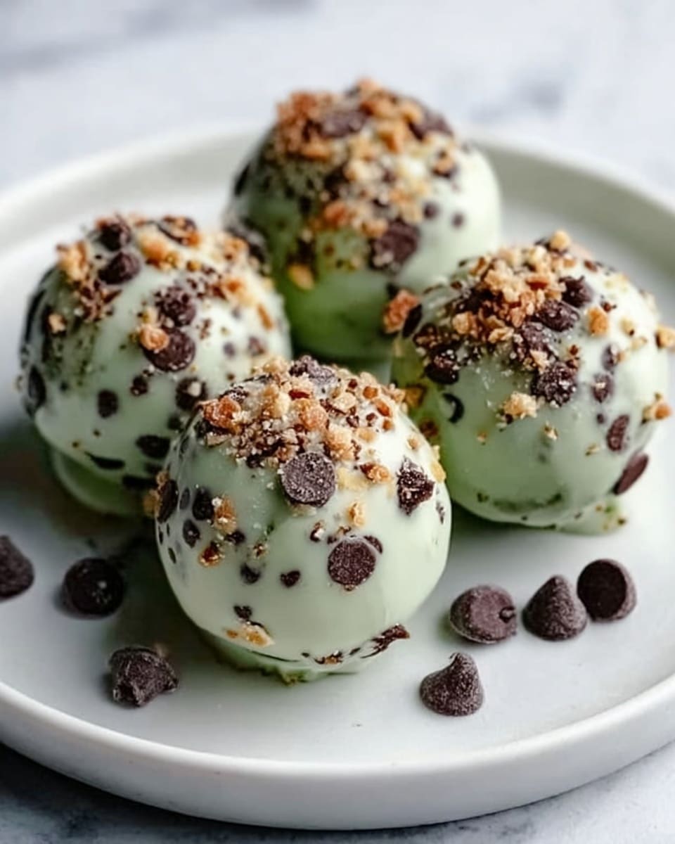 The image shows five round truffles coated in light green chocolate with small bits of brown nuts and dark chocolate chips mixed into the coating. The truffles are placed on a smooth white plate, arranged in a slight cluster with a few dark chocolate chips scattered around the plate. The surface under the plate has a white marbled texture, and the lighting highlights the smooth yet textured finish of the truffles. photo taken with an iphone --ar 4:5 --v 7