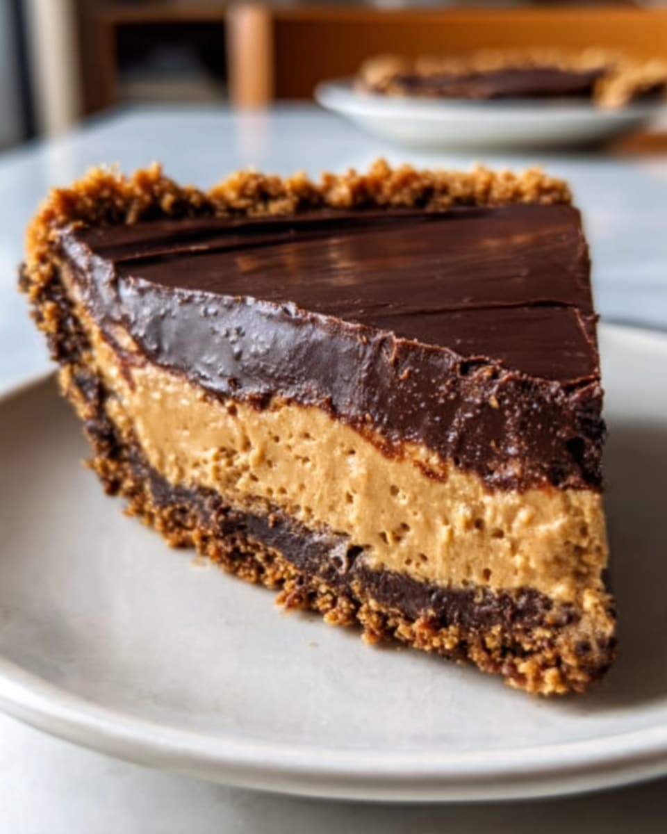 A slice of layered pie sits on a white plate against a white marbled background. The bottom layer is a crumbly brown crust, thick and rough in texture. Above the crust is a smooth, light brown peanut butter layer, creamy and dense. The top layer is a thick, glossy dark chocolate ganache, shiny and rich, covering the pie evenly with a smooth finish. The edges of the crust are crumbly, rising a bit above the filling. Light shines softly on the pie, highlighting the textures of each layer. Photo taken with an iphone --ar 4:5 --v 7