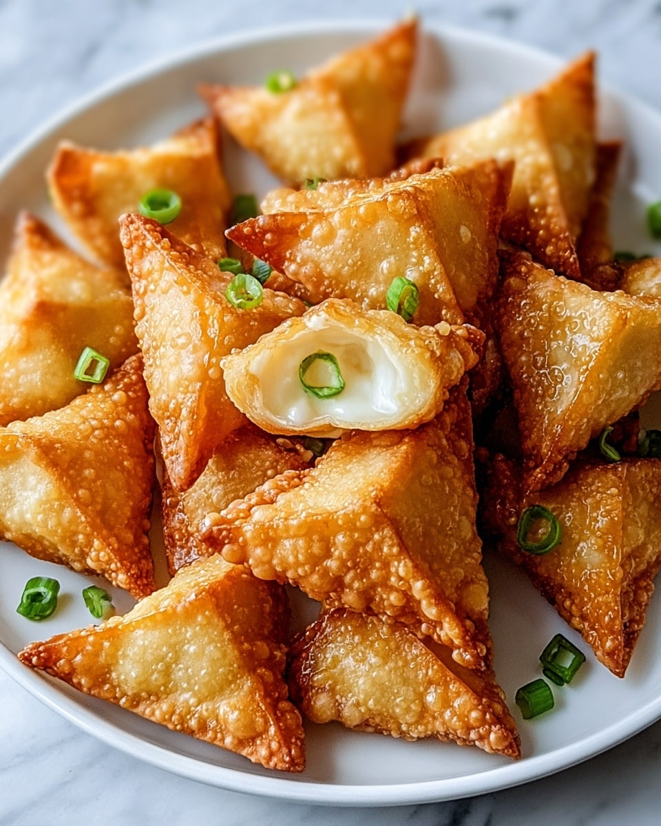 A white plate is filled with many small, golden-brown, crispy triangular fried dumplings. One dumpling is broken open, showing a creamy white filling inside with a small piece of green onion on top. Scattered green onion pieces add a fresh pop of color, contrasting the crunchy texture of the dumplings. The plate sits on a white marbled texture that adds a clean and simple background. photo taken with an iphone --ar 4:5 --v 7