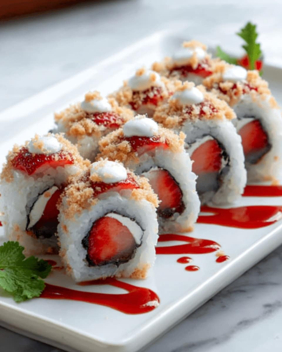 The image shows six pieces of sushi rolls arranged in two rows on a white rectangular plate with a white marbled background. Each sushi roll has a white rice outer layer, with a black seaweed layer inside and a piece of red strawberry in the center. On top of the rolls, there are evenly spread light brown crumbs with small white dollops, and a leafy green garnish is placed on the side for decoration. A shiny red sauce is drizzled over the top and around the plate, adding color contrast. Photo taken with an iphone --ar 4:5 --v 7
