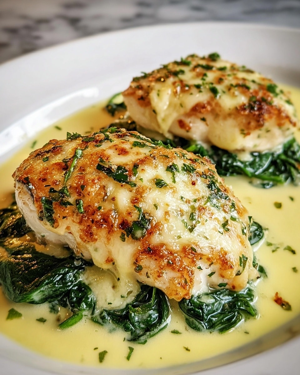 Two thick pieces of cooked fish sit on a base of wilted dark green spinach with a creamy yellow sauce covering the spinach and partially soaking the plate. Each fish piece is topped with a browned, bubbly layer of melted cheese mixed with small bits of green herbs, creating a slightly crispy texture. The fish looks tender and moist, with a light golden color on the sides. All elements rest on a clean white plate with a smooth white marbled surface in the background. photo taken with an iphone --ar 4:5 --v 7
