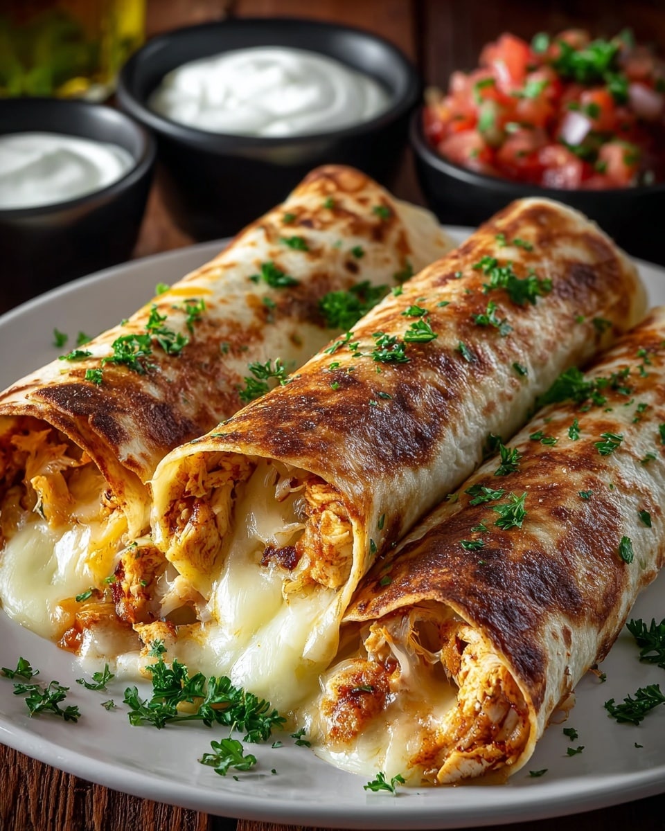 The image shows three rolled tortillas with a golden-brown, crispy outer layer, each filled with melted, creamy white cheese and pieces of cooked chicken that have a slightly spicy orange-brown color. The tortillas are sprinkled with fresh green parsley for color. They are placed close together on a white plate, which rests on a wooden table. In the background, two small black bowls hold thick white sour cream and bright red salsa made with finely chopped tomatoes, green herbs, and bits of onion. The photo taken with an iphone --ar 4:5 --v 7