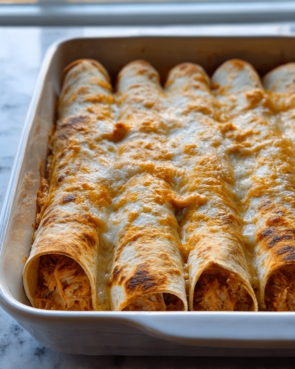 The image shows a white rectangular baking dish filled with six rolled enchiladas tightly arranged side by side. The enchiladas have a light golden-brown crispy tortilla outer layer with some darker browned spots. Inside, the filling is a shredded, orange-tinted chicken mixture visible at the open ends of the rolls. The top layer is covered with melted cheese that is creamy white with golden-brown bubbling patches, creating a gooey texture. In the background, there is soft natural light coming from a window, and the baking dish is placed on a white marbled surface. Photo taken with an iphone --ar 4:5 --v 7