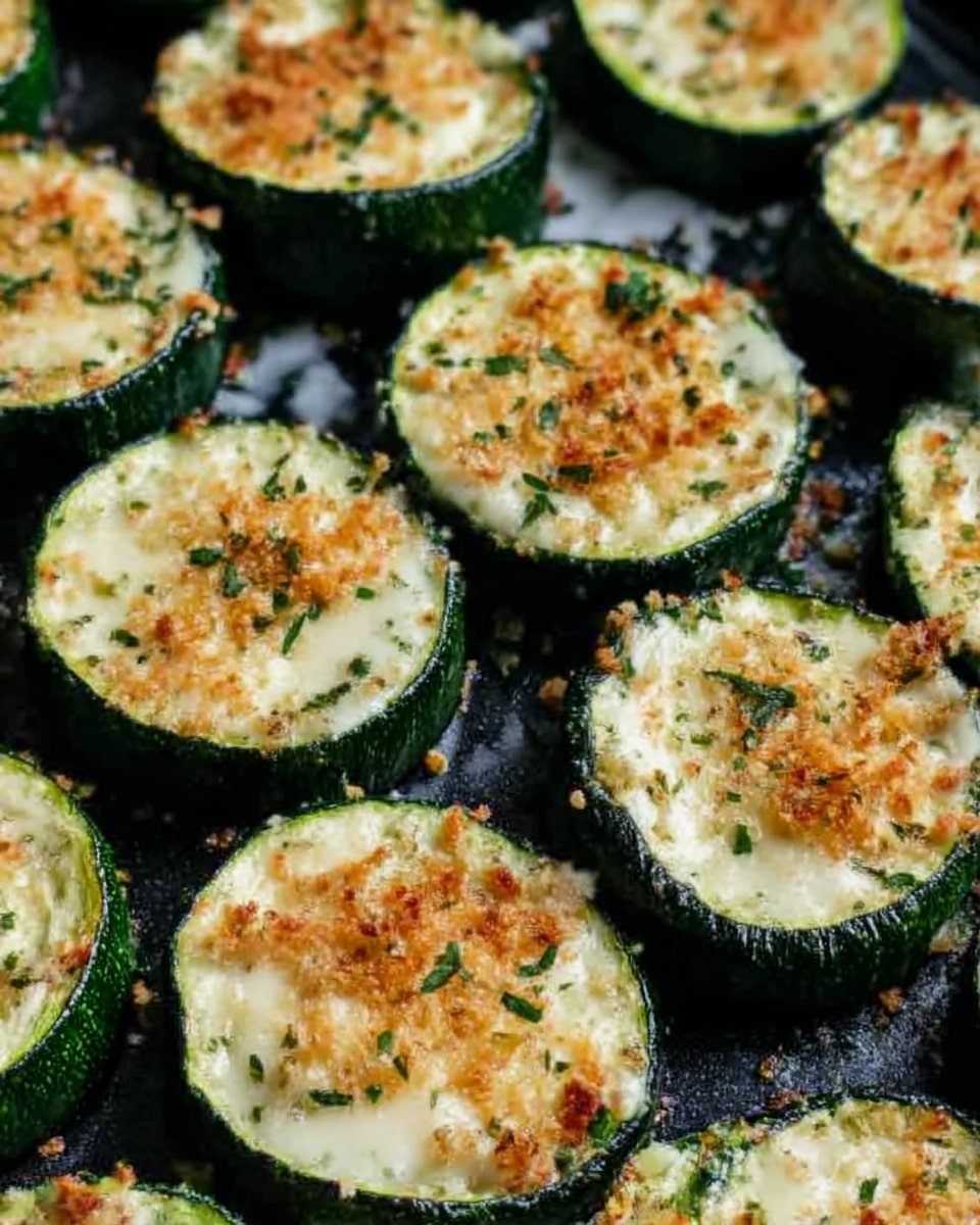 The image shows many round slices of zucchini baked on a dark tray. Each zucchini slice is topped with a creamy white sauce and sprinkled with light brown toasted crumbs and green herbs. The zucchini's dark green skin forms a ring around the creamy topping, and the surface of each slice looks soft and slightly browned. The background is a white marbled texture. photo taken with an iphone --ar 4:5 --v 7