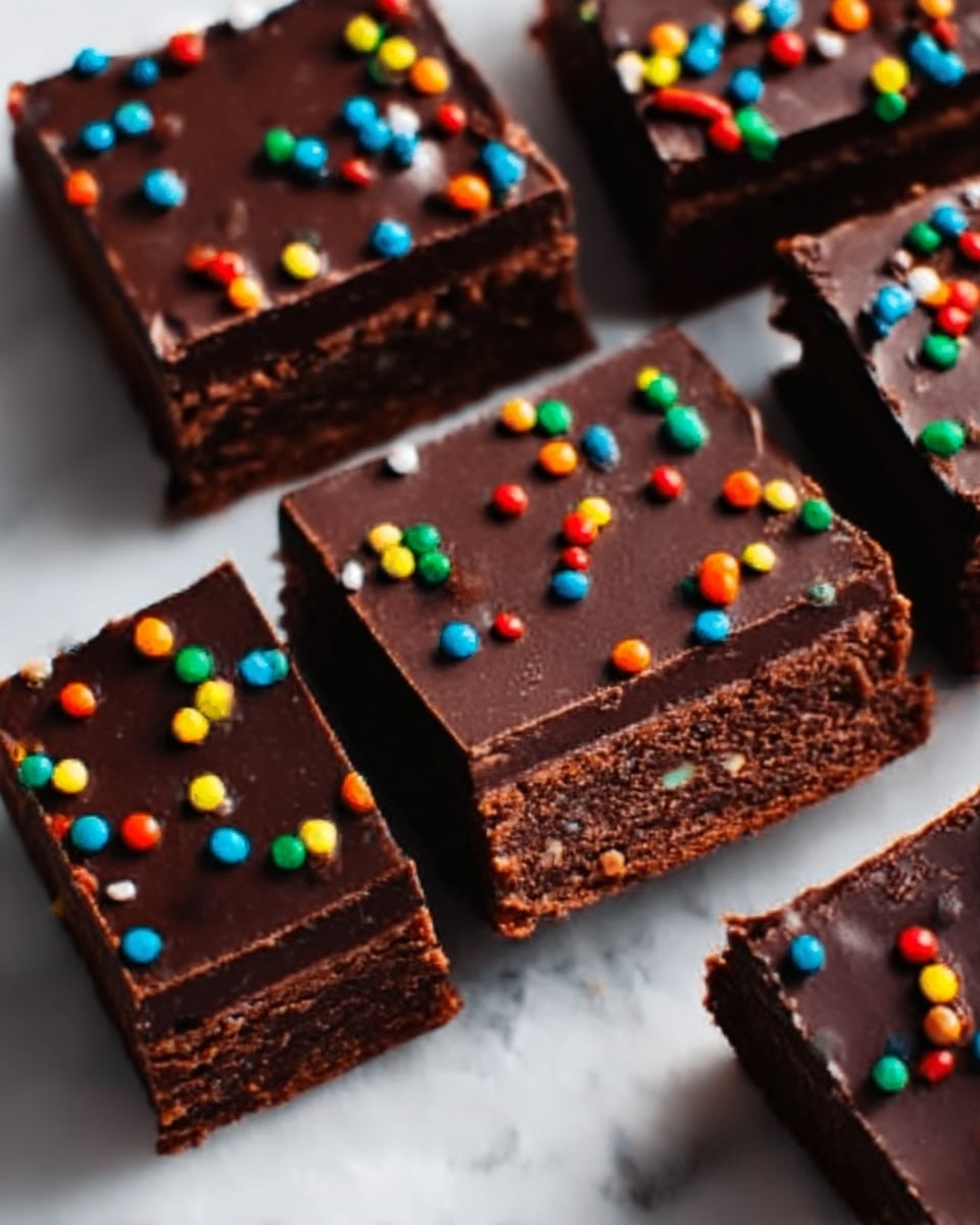 The image shows several square chocolate brownies arranged closely on a white marbled surface. Each brownie has two visible layers: a thick, dense, dark brown chocolate base with a slightly rough texture, and a smooth, glossy dark chocolate frosting on top. The frosting is decorated evenly with small, round, colorful sprinkles in red, yellow, green, blue, and orange. The brownies are cut cleanly, showing sharp edges, and the lighting highlights the richness of the chocolate and the brightness of the sprinkles. Photo taken with an iphone --ar 4:5 --v 7
