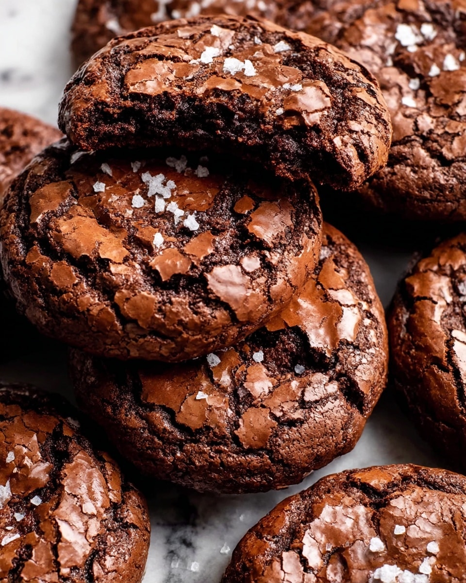 The image shows a close-up of several chocolate cookies with a cracked, rough top layer that looks slightly crispy and dark brown. Each cookie has a textured surface with deeper brown cracks revealing a softer inside, and some are sprinkled with small, white flakes of sea salt. The cookies are stacked closely together on a white marbled texture, highlighting their rich, fudgy interior and crunchy exterior. One cookie is slightly broken at the top, showing a gooey, dense middle layer. photo taken with an iphone --ar 4:5 --v 7