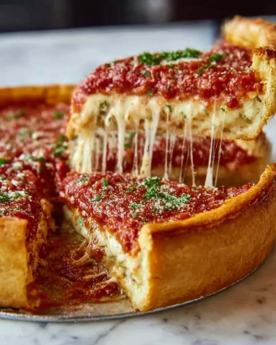 A thick deep-dish pizza sits on a white marbled surface, with a high golden-brown crust forming the tall edges. The pizza is cut, and a slice is being lifted, showing stretchy melted cheese that pulls between the slice and the rest of the pie. On top, there is a thick layer of chunky red tomato sauce with a sprinkling of green herbs. The crust looks crisp on the outside and soft inside, holding layers of cheese and sauce well. The photo has a clear focus on the lifted slice, capturing the gooey texture and fresh colors. photo taken with an iphone --ar 4:5 --v 7