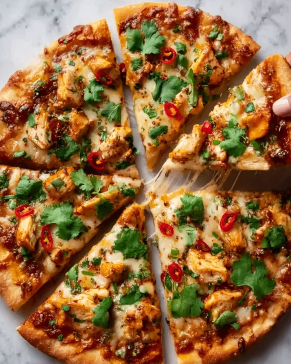 A pizza cut into eight slices sits on a white marbled surface. The crust is golden brown and slightly thick, with melted cheese covering the base. On top, there are pieces of cooked chicken, bright green fresh cilantro leaves, small red chili slices, and a light sprinkle of herbs and spices. A slice is being lifted by a woman's hand, showing the melted cheese stretching between the slice and the pizza. The overall look is warm and inviting, with rich colors and textures. Photo taken with an iphone --ar 4:5 --v 7