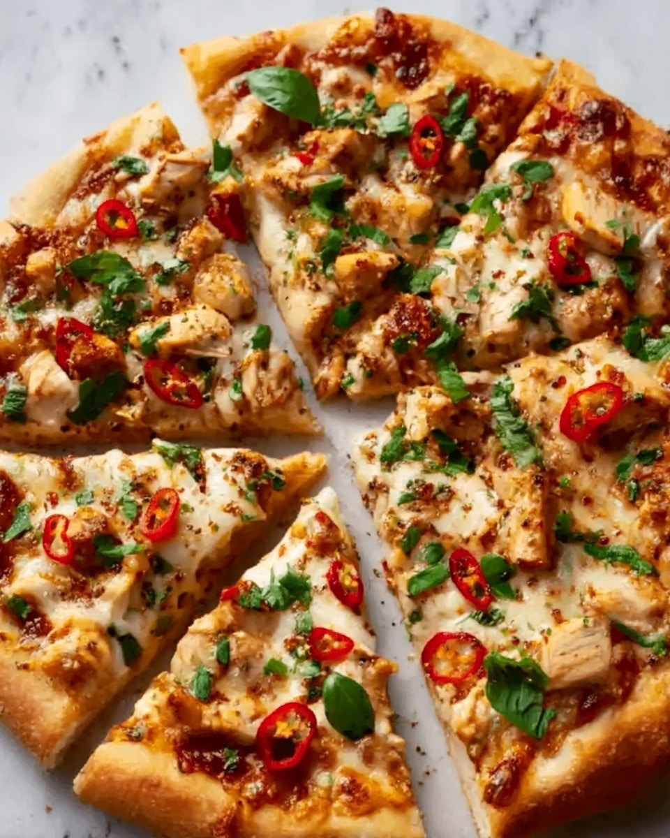 A round pizza cut into eight slices sits on a white marbled surface. The pizza has a thick golden brown crust with a slightly crispy edge. The top layer is covered with melted cheese that is bubbly and golden in some spots. Scattered on the cheese are small chunks of cooked chicken, bright green fresh basil leaves, and thin slices of red chili peppers. Some areas have a light sprinkling of seasoning, adding texture to the surface. The colors contrast well, with the reds, greens, and browns standing out against the creamy cheese and crust. Photo taken with an iphone --ar 4:5 --v 7