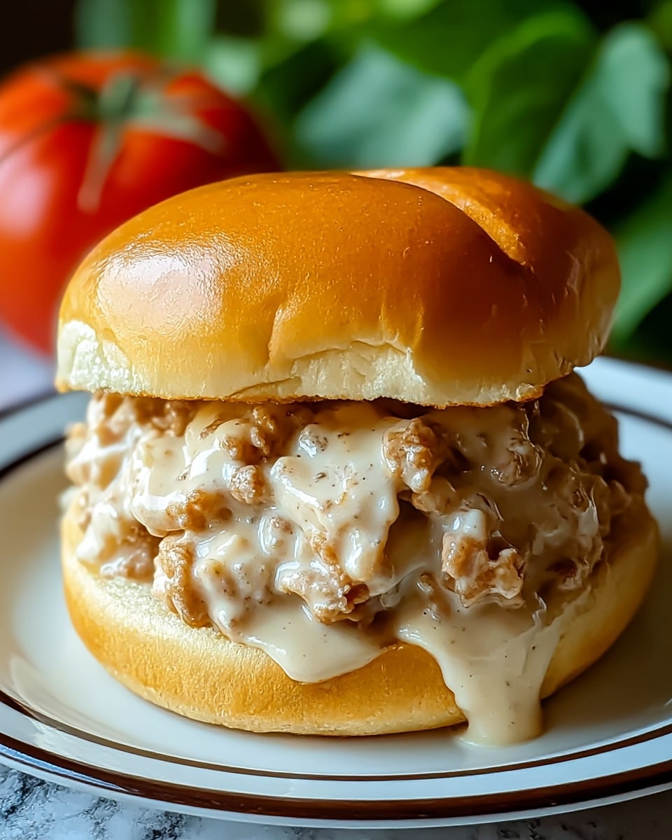 A close-up view of a sandwich showing a soft, shiny, golden-brown bun on top and bottom with a thick middle layer of creamy beige sausage gravy containing small chunks of browned ground sausage, generously spread and slightly oozing out from the sides, all placed on a white plate with a thin dark rim against a blurred background of green leaves and a red tomato, with a white marbled texture below. photo taken with an iphone --ar 4:5 --v 7