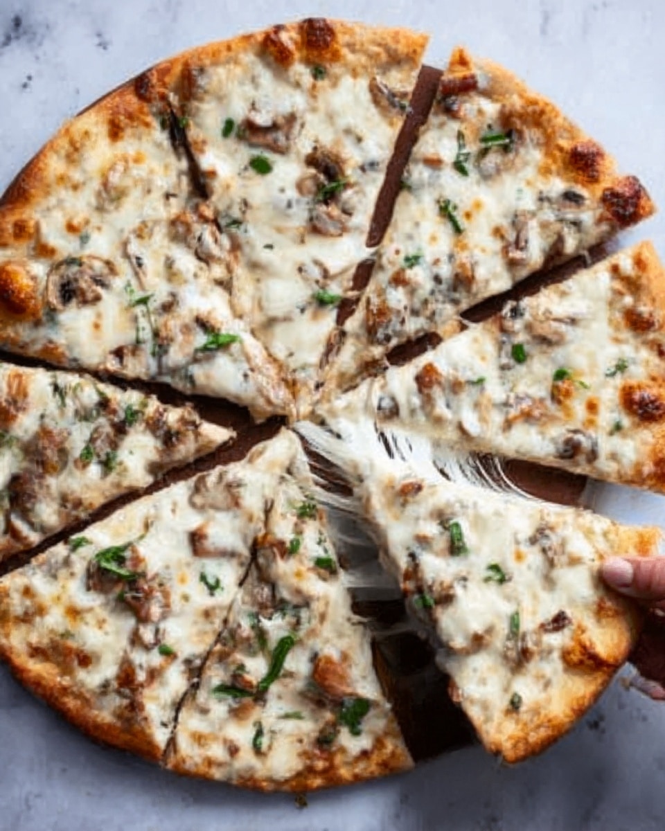 The image shows a round pizza cut into eight slices on a white marbled surface. The pizza has a thin, golden-brown crust with a slightly crispy texture. The top layer is covered in melted white cheese with a shiny, gooey texture and slight browning in some spots. Small pieces of cooked mushrooms are spread evenly across the pizza, with some fresh green herbs sprinkled on top for color. There is a woman's hand lifting one slice, showing the stretchy cheese pulling away. Photo taken with an iphone --ar 4:5 --v 7