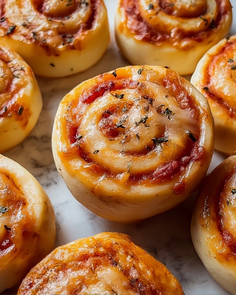The image shows several pizza rolls arranged closely together on a white marbled surface. Each roll is round with three visible layers: the outer layer is a soft, pale golden dough; the middle layer is bright orange-red tomato sauce; and the innermost layer is melted cheese with small specks of green herbs sprinkled on top. The rolls appear shiny and slightly browned on the edges, suggesting they are freshly baked with a lightly crisp surface. Photo taken with an iphone --ar 4:5 --v 7