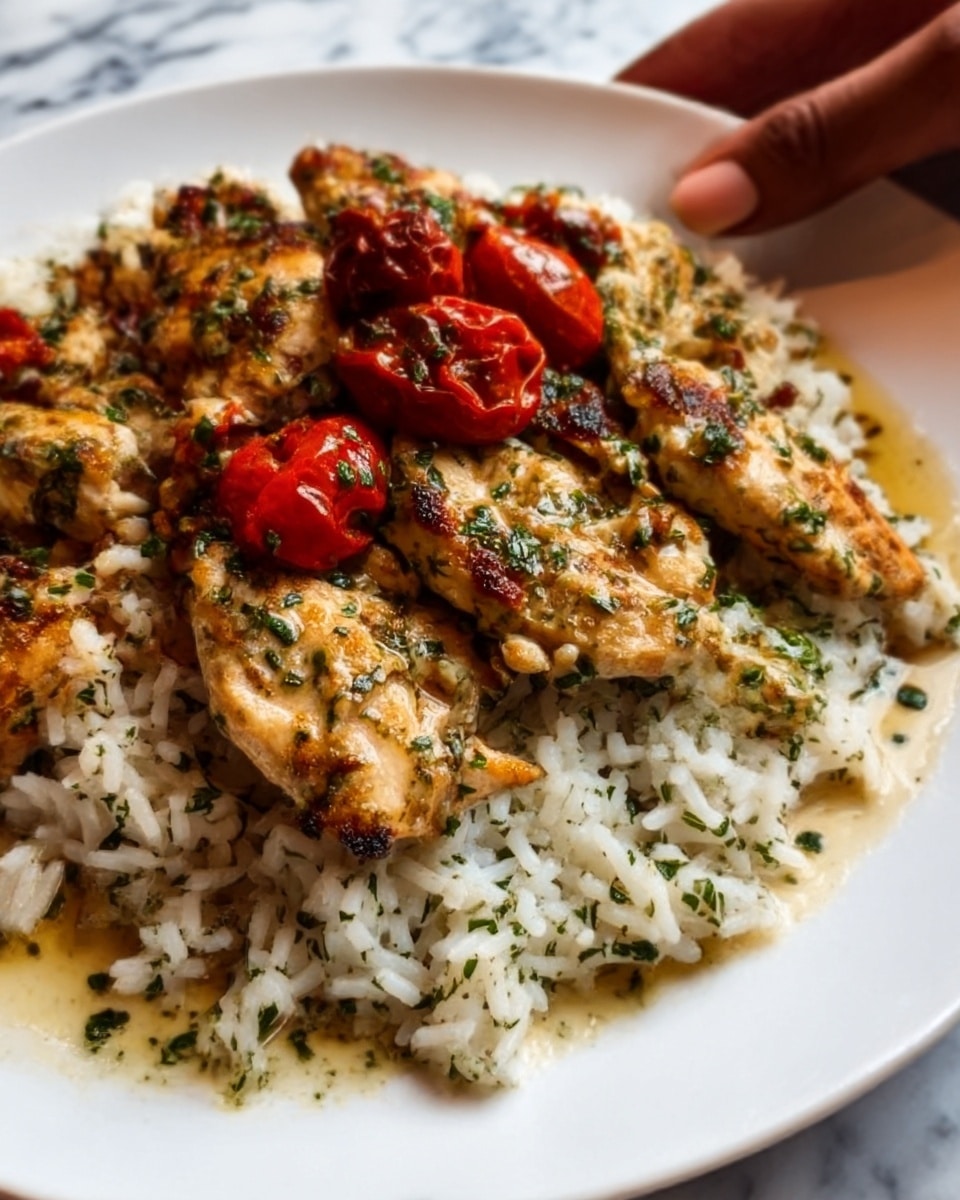 The image shows a close-up of a dish with two main layers: the bottom layer is white rice with small green herbs mixed in, giving it a light green speckled look; the top layer is grilled chicken pieces that are golden brown with some charred edges and small green herb bits sprinkled on them. There are also some roasted cherry tomatoes that add a pop of deep red color on top of the chicken. The food sits on a white plate placed on a white marbled surface. A woman's hand is reaching toward the plate from the side. Photo taken with an iphone --ar 4:5 --v 7