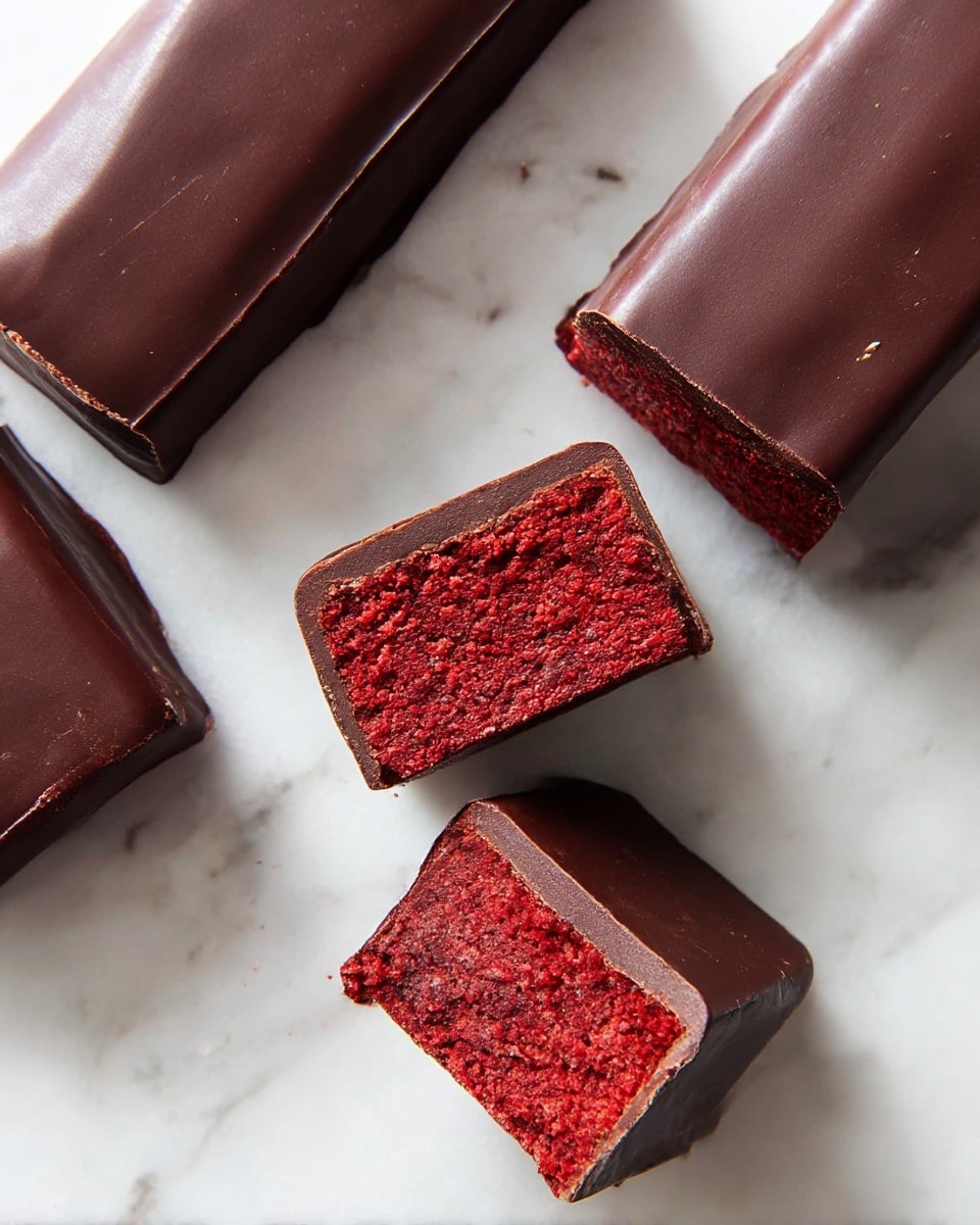 The image shows several rectangular chocolate bars placed on a white marbled surface. Two of the bars are whole with a smooth, shiny dark brown chocolate coating on the outside. One bar is cut into two pieces, revealing a deep red, dense, and slightly crumbly textured center inside each piece. The chocolate coating forms a thin outer layer that contrasts with the rich red interior, creating two visible layers: the dark brown chocolate shell on the outside and the vibrant red filling inside. Photo taken with an iphone --ar 4:5 --v 7