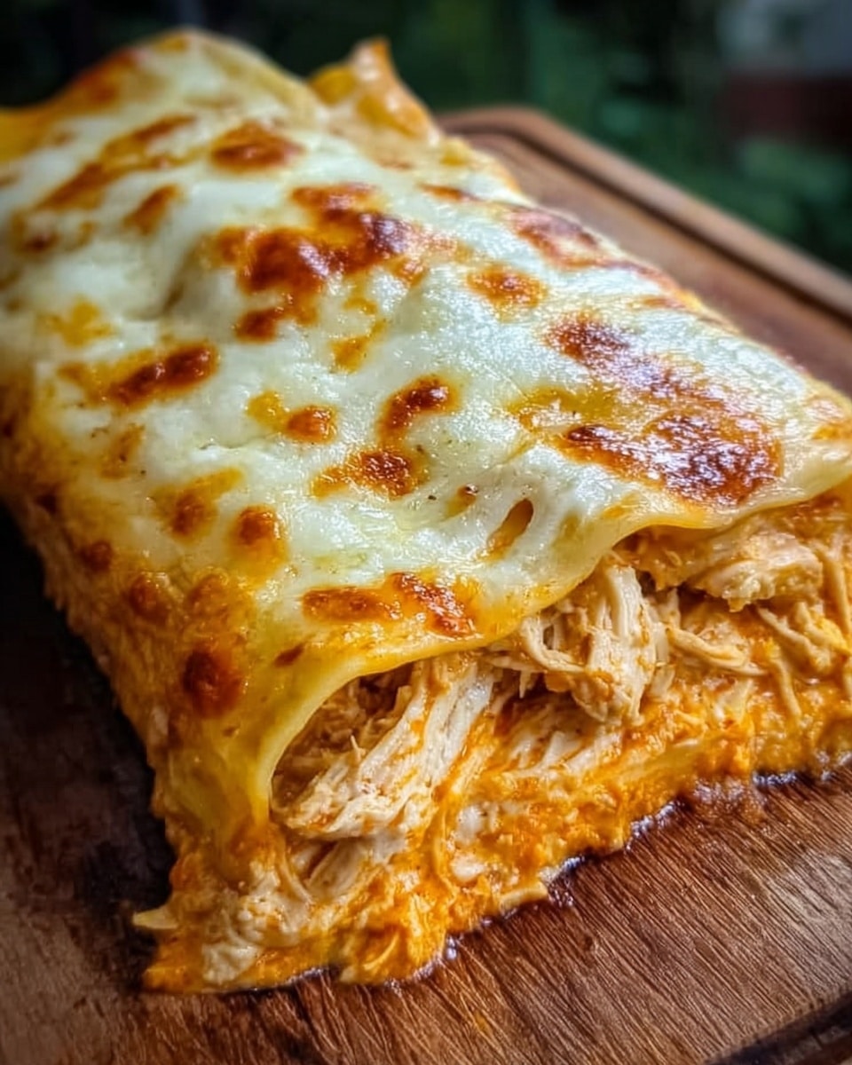 A close-up of a rectangular lasagna with three visible layers. The bottom layer has shredded chicken mixed with a bright orange sauce, the middle layer is a soft pasta sheet, and the top layer is thick, melted cheese that is bubbly and golden brown with spots of light browning. The lasagna is on a wooden board with a blurred background. Photo taken with an iphone --ar 4:5 --v 7
