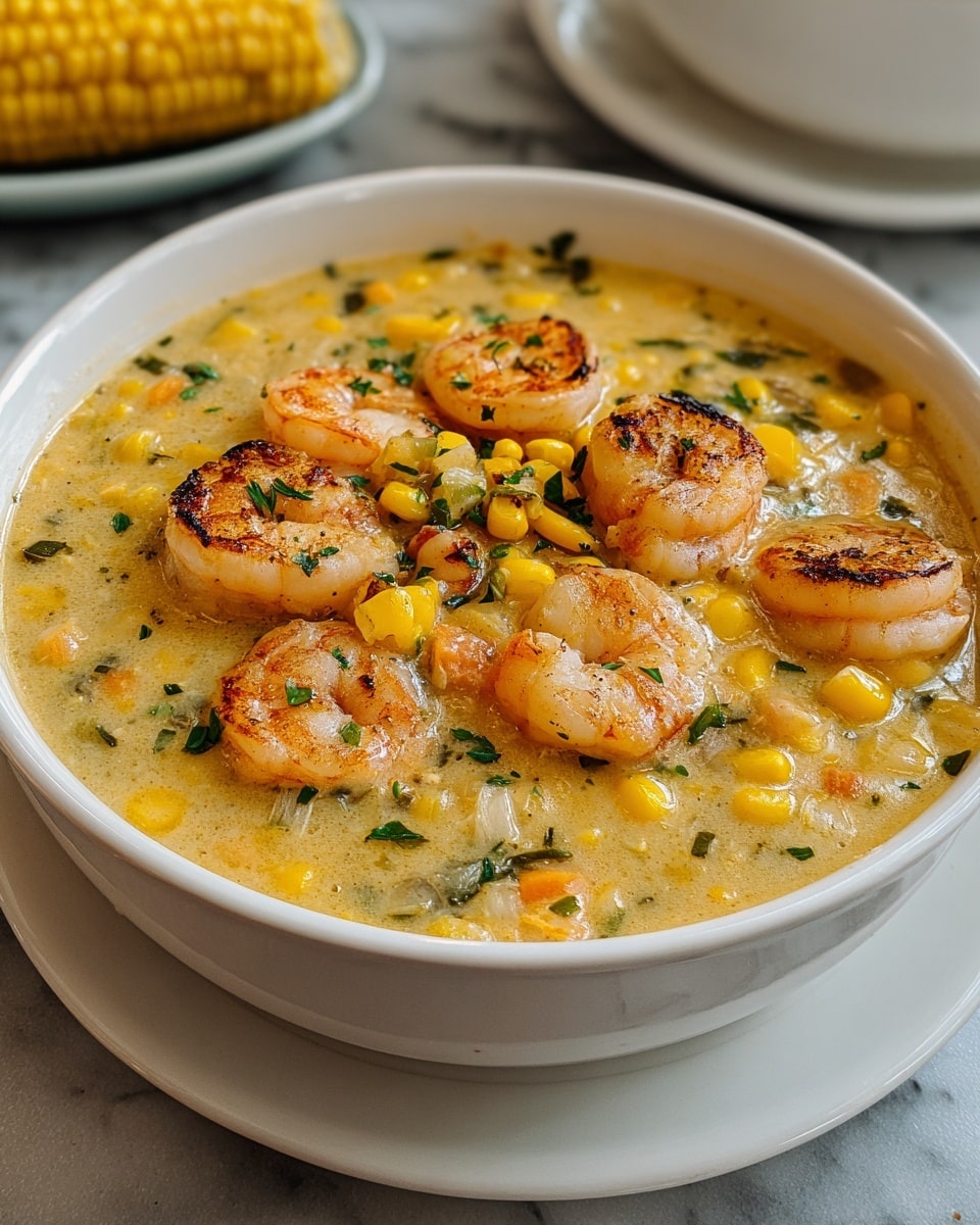 A white bowl filled with creamy, light yellow shrimp and corn chowder, showing a thick, slightly chunky texture; visible layers include whole cooked shrimp with a light pink color and slight grill marks spread evenly on top, bright yellow corn kernels scattered throughout, small pieces of green herbs sprinkled as garnish, and a smooth creamy base mixed with tiny bits of vegetables like celery and peppers. The bowl rests on a white marbled surface with a blurred plate of corn in the background. photo taken with an iphone --ar 4:5 --v 7