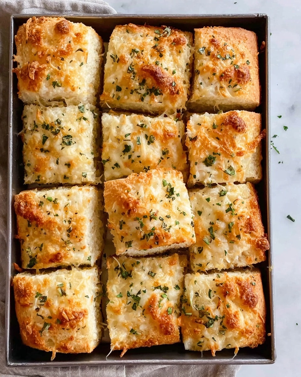 The image shows a square metal pan filled with 12 pieces of soft, golden-brown garlic bread cut into squares. Each piece has a slightly crispy top layer sprinkled with melted, light golden cheese and small green herbs evenly spread. The bread surface has a fluffy texture beneath the cheese topping, with hints of toasted edges creating a warm, inviting look. The pan is placed on a white marbled textured surface, adding brightness to the scene. photo taken with an iphone --ar 4:5 --v 7