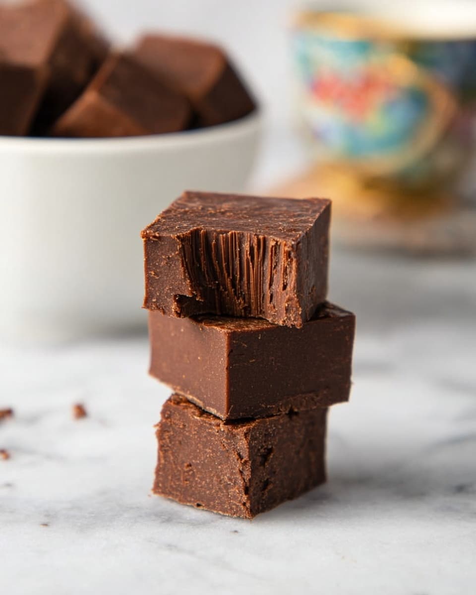 A stack of three thick, rich chocolate fudge cubes is placed on a white marbled surface. The bottom and middle cubes are solid with a smooth, slightly textured matte finish in deep brown. The top cube has a bite taken out of it, revealing a denser, slightly crumbly interior with a few lines showing the fudge’s soft texture. In the background, a white bowl holds more similar fudge cubes, and a blurred colorful ceramic cup adds a touch of warmth and contrast. photo taken with an iphone --ar 4:5 --v 7