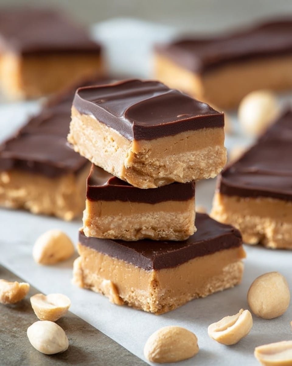 The image shows stacked peanut butter bars consisting of three layers: a thick bottom layer of smooth, light brown peanut butter, a thin middle layer of dark chocolate, and a top layer of glossy, dark chocolate with a smooth finish. Around the stack, there are whole and halved pale beige peanuts scattered on a white marbled textured surface. In the background, more peanut butter bars with the same layers are arranged without toppings. The focus is sharp on the stack with a soft blur on the background, emphasizing the rich texture and contrast of the layers. Photo taken with an iphone --ar 4:5 --v 7