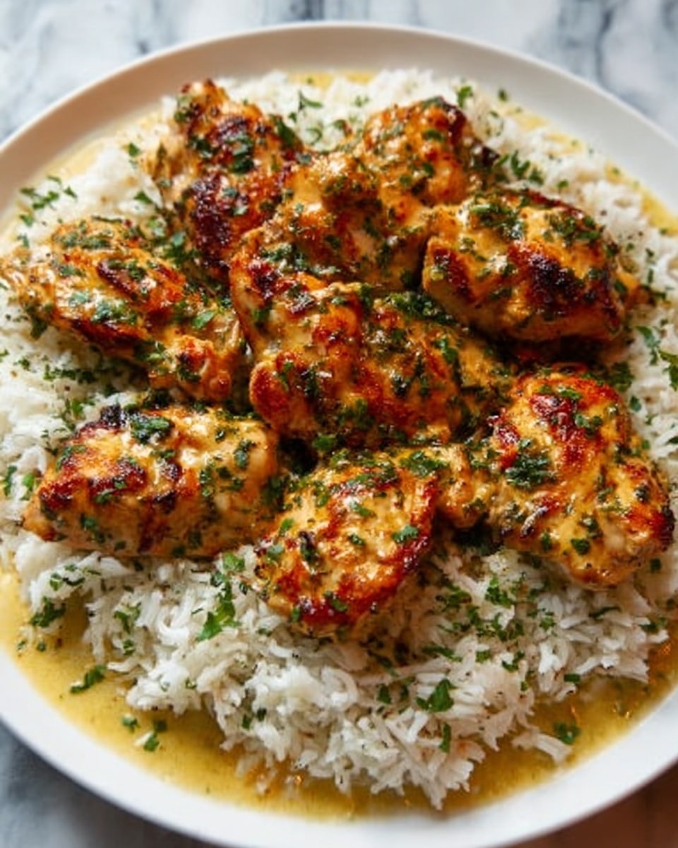 The image shows a white plate filled with a bed of fluffy white rice that takes up the base layer. On top, there are several pieces of golden-brown grilled chicken with a slightly crispy texture and some visible herbs sprinkled all over. The chicken pieces are glossy, suggesting they are coated with a light sauce that pools slightly around the rice. The entire dish has a warm, inviting look with flecks of green herbs adding color contrast. The plate sits on a white marbled surface. photo taken with an iphone --ar 4:5 --v 7
