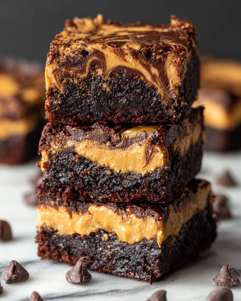 The image shows a close-up of three stacked brownies with distinct layers. Each brownie has a dense, dark chocolate bottom layer with a rough, slightly crumbly texture. Above this is a smooth, thick peanut butter middle layer with a creamy, light brown color. The top layer is a glossy, melted dark chocolate, swirled with the peanut butter below, creating a marbled effect. The brownies are on a white marbled surface, surrounded by scattered dark chocolate chips. The photo is focused on the front brownies, making the layers and textures clear and shiny. Photo taken with an iphone --ar 4:5 --v 7