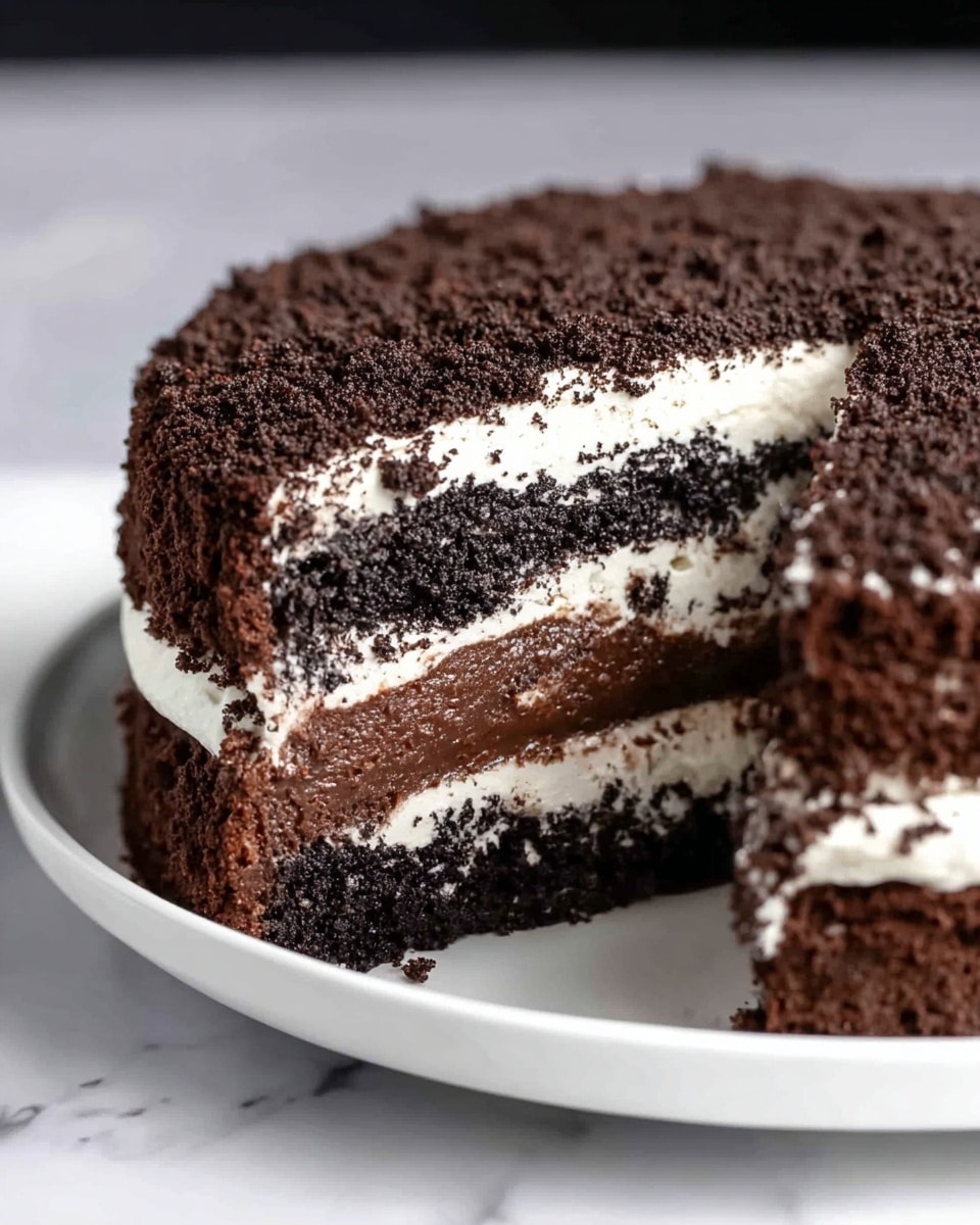 A close-up of a two-layer dark chocolate cake with a thick creamy white filling in the middle and a matching layer of cream on top under a dark chocolate crumb coating covering the entire cake. The cake sits on a simple white plate, and the background is a clean white marbled texture. Photo taken with an iphone --ar 4:5 --v 7