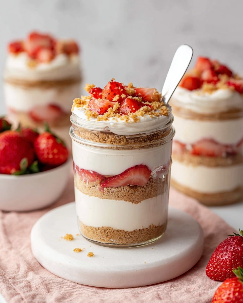 A glass jar dessert with four visible layers: the bottom layer is rough light brown cookie crumbs; above it is a smooth, thick white creamy layer; the third layer is again a thick bed of cookie crumbs; the top layer is white cream crowned with bright red chopped strawberries and sprinkled with more cookie crumbs. A white spoon is placed into the jar from the top right. The jar sits on a white round board over a soft light pink cloth on a white marbled surface. In the background, there are two similar jars slightly out of focus and a small white bowl filled with fresh whole strawberries. Photo taken with an iphone --ar 4:5 --v 7