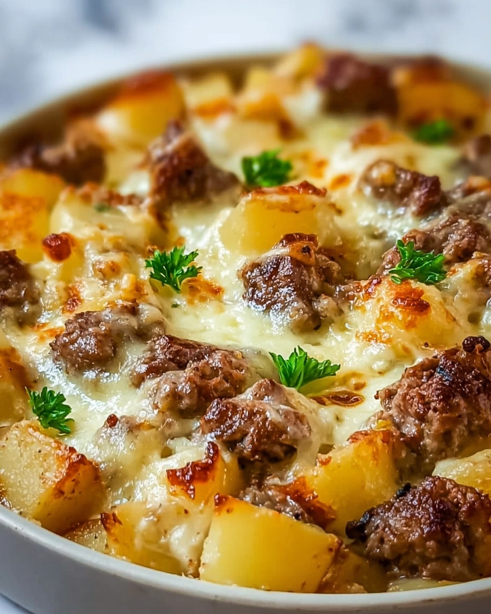 This close-up image shows a baked dish with two main layers: the bottom layer consists of golden-yellow potato chunks with a slightly roasted texture, while the top layer is covered in melted, creamy white cheese that is bubbly and lightly browned in some places. Scattered across the dish are small, tender pieces of browned meat with a slightly crispy exterior. Fresh green chopped herbs are sprinkled over the top, adding a pop of color. The dish is set on a white marbled surface, emphasizing its warm, appetizing colors. photo taken with an iphone --ar 4:5 --v 7