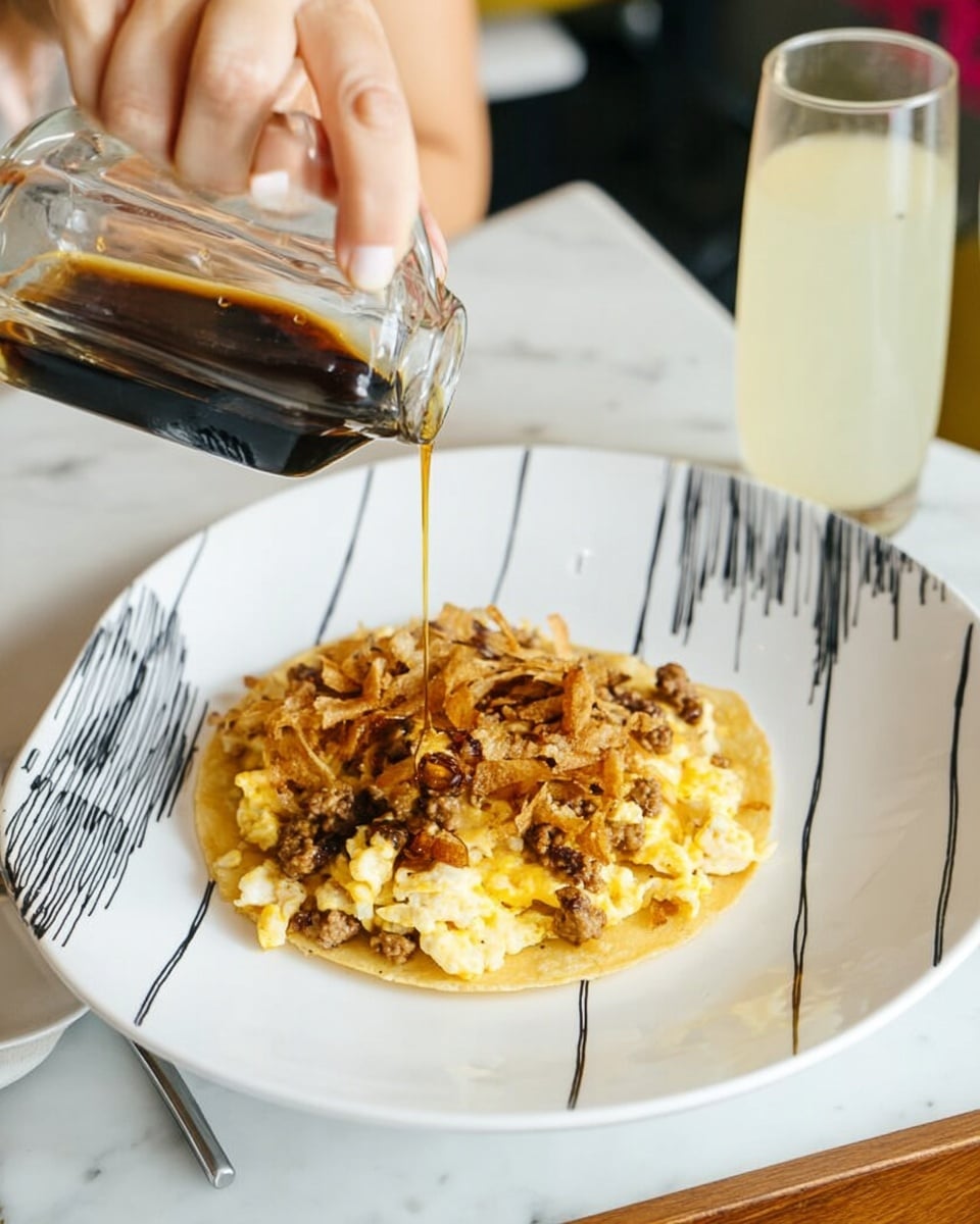 A white plate with black streak designs around the edge holds a single tortilla base. On top of the tortilla is a layer of scrambled eggs mixed with small pieces of browned meat and golden, crispy hash browns. A woman's hand is pouring a thin stream of dark syrup over the top. The scene is set on a white marbled surface with a glass of light-colored drink nearby and a fork partially visible behind the plate. photo taken with an iphone --ar 4:5 --v 7