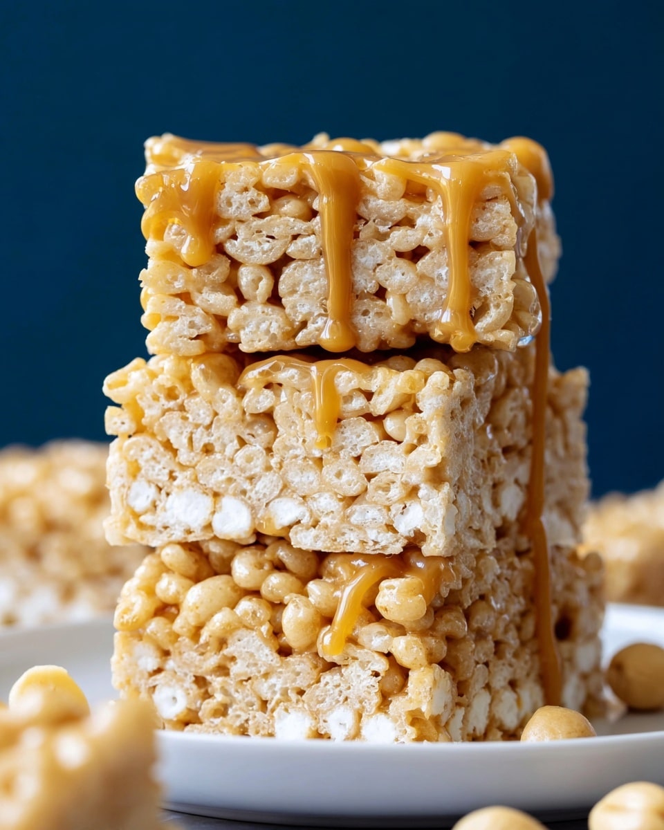 A close-up image of a stack of four crispy rice treats on a white plate, each square showing a light golden beige color with visible puffed rice and marshmallow bits. The middle two layers have a drizzle of smooth, slightly shiny caramel sauce that softly drips down the sides. The background is a solid dark blue, creating a strong contrast with the light treats and white plate. There are a few light beige nuts blurred in the foreground on a white marbled surface. photo taken with an iphone --ar 4:5 --v 7