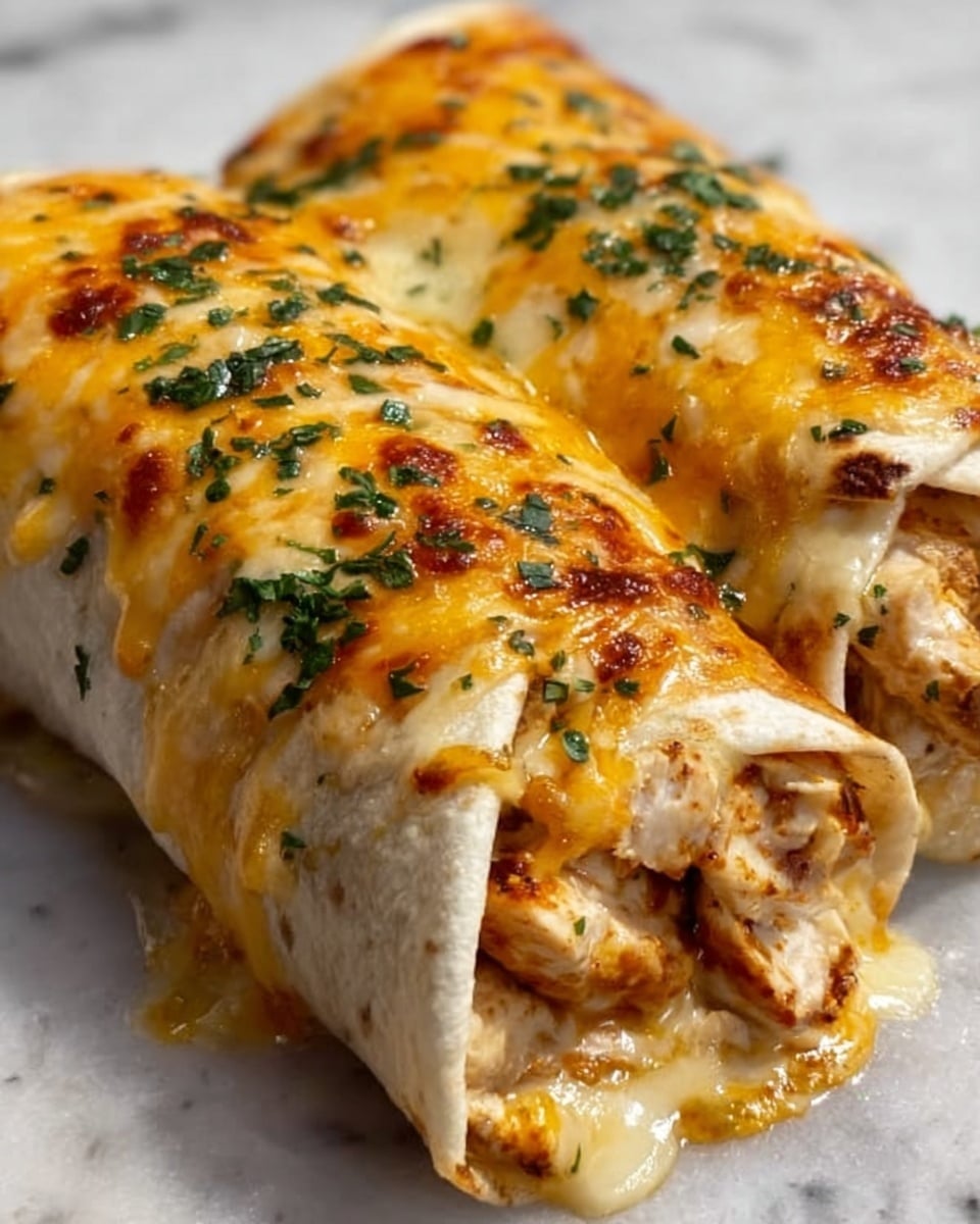 Two rolled tortillas filled with cooked chicken pieces and melted orange-yellow cheese, topped with more melted cheese that is golden brown and slightly crispy in spots. Small bits of chopped green herbs are sprinkled on top, adding a touch of freshness. The tortillas look soft and slightly toasted, with some cheese oozing out from the sides. The dish sits on a white marbled surface, showing close-up details of the layers of filling inside. Photo taken with an iphone --ar 4:5 --v 7