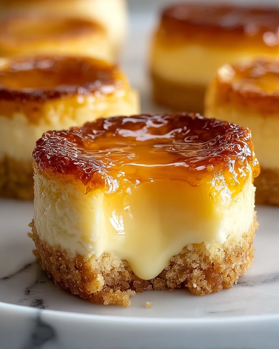 The image shows a close-up of a small cheesecake with three visible layers. The bottom layer is a crumbly light brown crust, rough in texture and compact. Above it is a thick, creamy, pale yellow middle layer that looks smooth and soft, slightly oozing out from a bite taken to reveal its gooey texture. The top layer is a shiny, caramelized golden-brown glaze that looks sticky and glossy, covering the surface unevenly with a rich amber color. The cheesecake sits on a white plate with a white marbled surface in the background, and other similar cheesecakes are blurred in the distance. Photo taken with an iphone --ar 4:5 --v 7