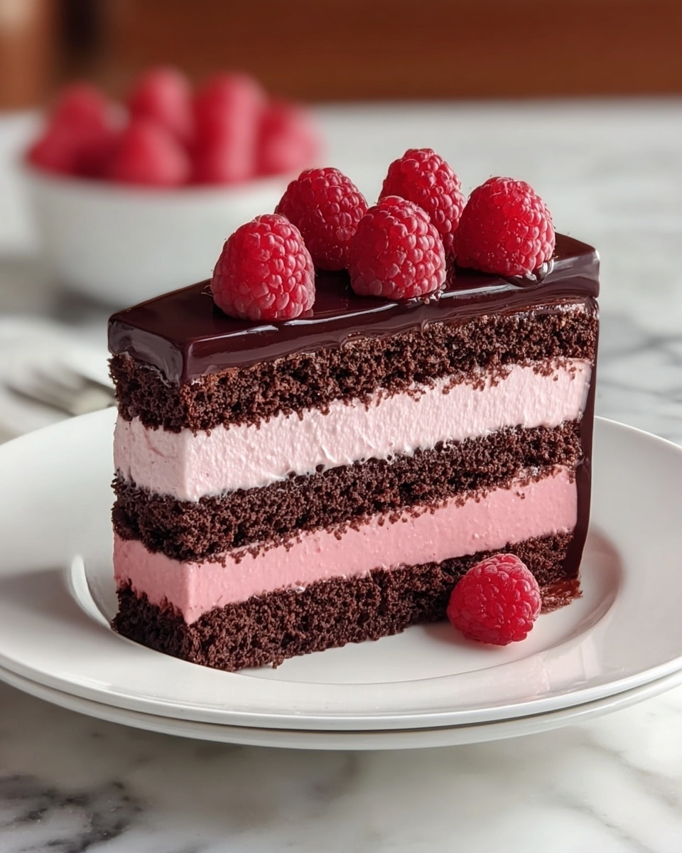 A slice of cake with five layers sits on a white plate on a white marbled surface. The bottom layer is dark brown chocolate cake, followed by a smooth and thick light pink cream layer. Above this is another dark brown chocolate cake layer, then another thick light pink cream layer. The top layer is a shiny dark chocolate glaze, decorated with eight bright red raspberries arranged in a small cluster. The background is softly blurred, highlighting the cake slice. photo taken with an iphone --ar 4:5 --v 7