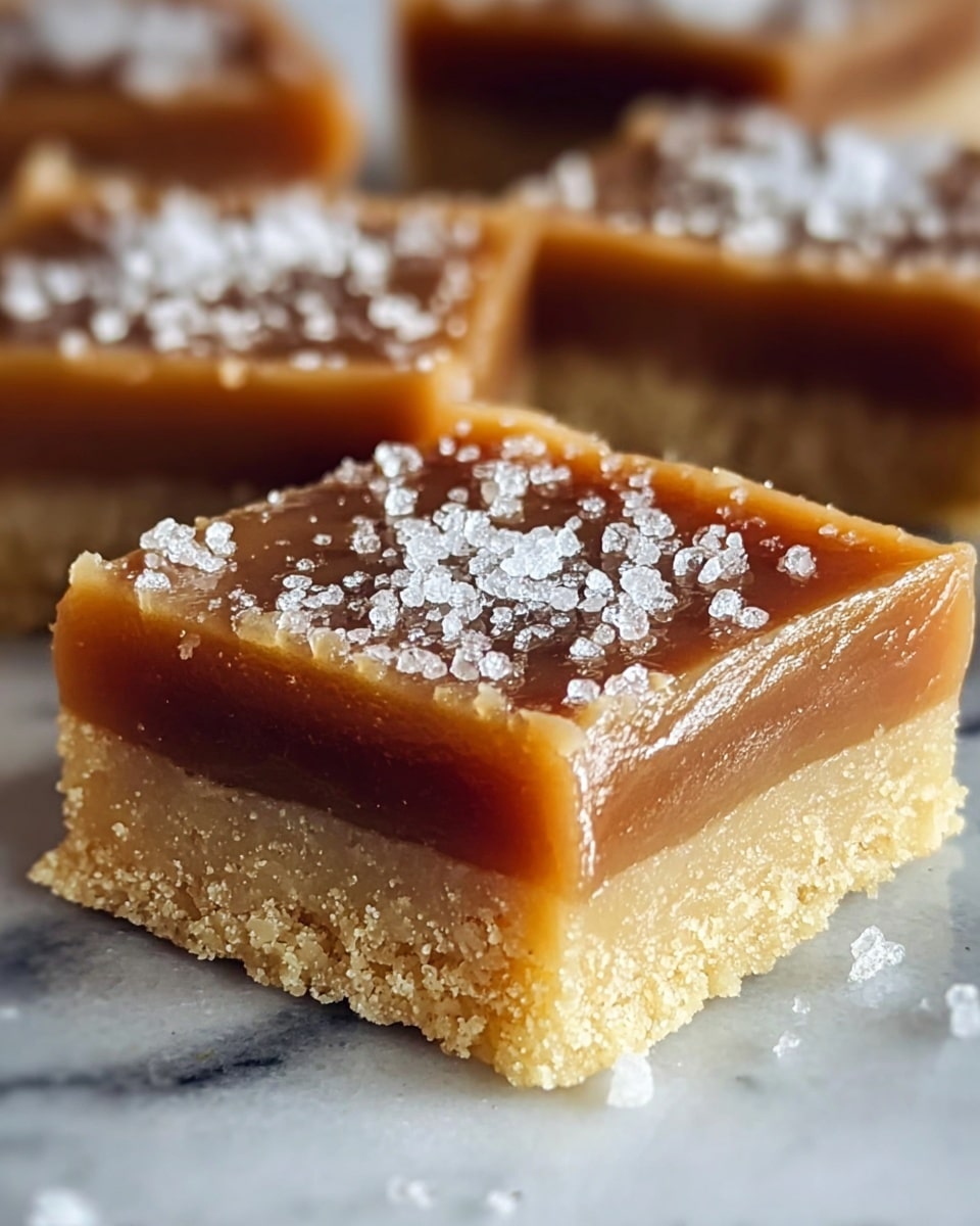 The image shows a close-up of a square caramel bar with three visible layers: a light golden crumbly base, a thick middle layer of rich, glossy dark brown caramel, and a smooth top layer of lighter caramel with a shiny surface. The top is sprinkled with coarse white sea salt crystals that contrast with the soft caramel. The bar rests on a surface with a white marbled texture, and other similar caramel bars are blurred in the background. Photo taken with an iphone --ar 4:5 --v 7