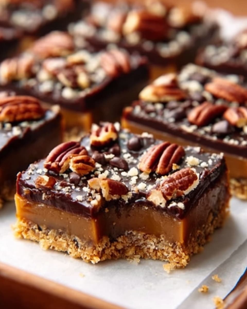 The image shows a close-up of square dessert bars arranged on white parchment paper over a white marbled surface. The bars have three distinct layers: the bottom layer is a crumbly, golden brown crust, the middle layer is smooth and caramel-colored, and the top layer is a glossy, dark chocolate with scattered whole pecans and chopped nuts, giving a crunchy texture. The bars are cut into neat squares, with one piece slightly pulled away, showing the clear separation of layers. Photo taken with an iphone --ar 4:5 --v 7