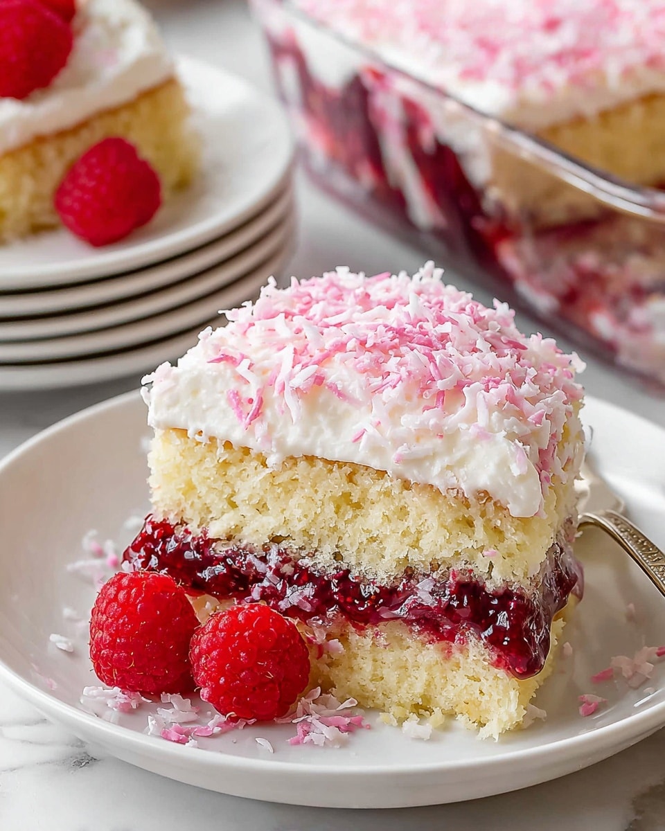 The image shows a slice of layered dessert on a white plate, with three visible layers: the bottom layer is a soft, light yellow sponge cake with a moist texture, the middle layer is a dark red berry filling with a slightly glossy and chunky texture, and the top layer is a thick, white creamy frosting covered with a generous amount of shredded pink coconut flakes. Two fresh raspberries and some scattered pink coconut flakes are placed beside the slice. In the background, there is a glass dish filled with the same three-layer dessert and a stack of white plates with another slice of dessert topped with a raspberry. The whole setup is on a white marbled textured surface. photo taken with an iphone --ar 4:5 --v 7