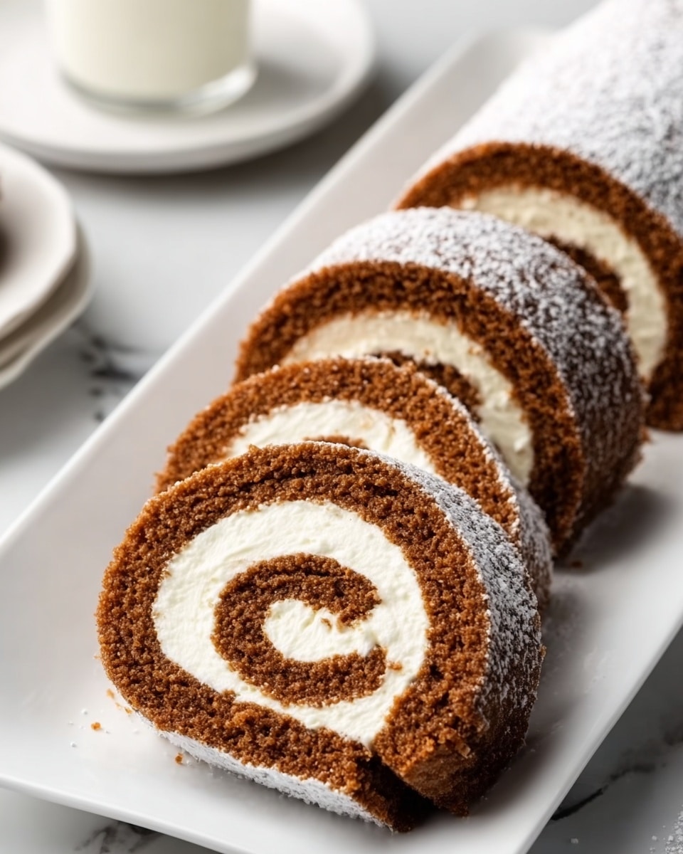 A close-up view of four slices of a rolled cake neatly placed on a white rectangular plate, each slice showing two layers: a thick outer layer of soft, textured brown cake and a smooth, creamy white swirl inside creating a spiral pattern. The cake roll is dusted lightly with powdered sugar on top, adding a delicate white contrast to the darker brown cake. The plate sits on a white marbled surface with a small white plate and a glass of milk blurred in the background. Photo taken with an iphone --ar 4:5 --v 7