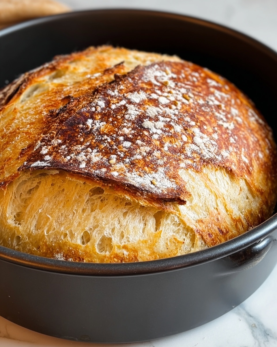 A close-up view of a freshly baked round loaf of bread in a black baking pan, showing a golden brown, crispy crust with darker toasted edges and patches of white flour sprinkled on top; the crust has split open slightly revealing a soft, fluffy, light beige interior with a spongy texture. The pan sits on a white marbled surface. Photo taken with an iphone --ar 4:5 --v 7