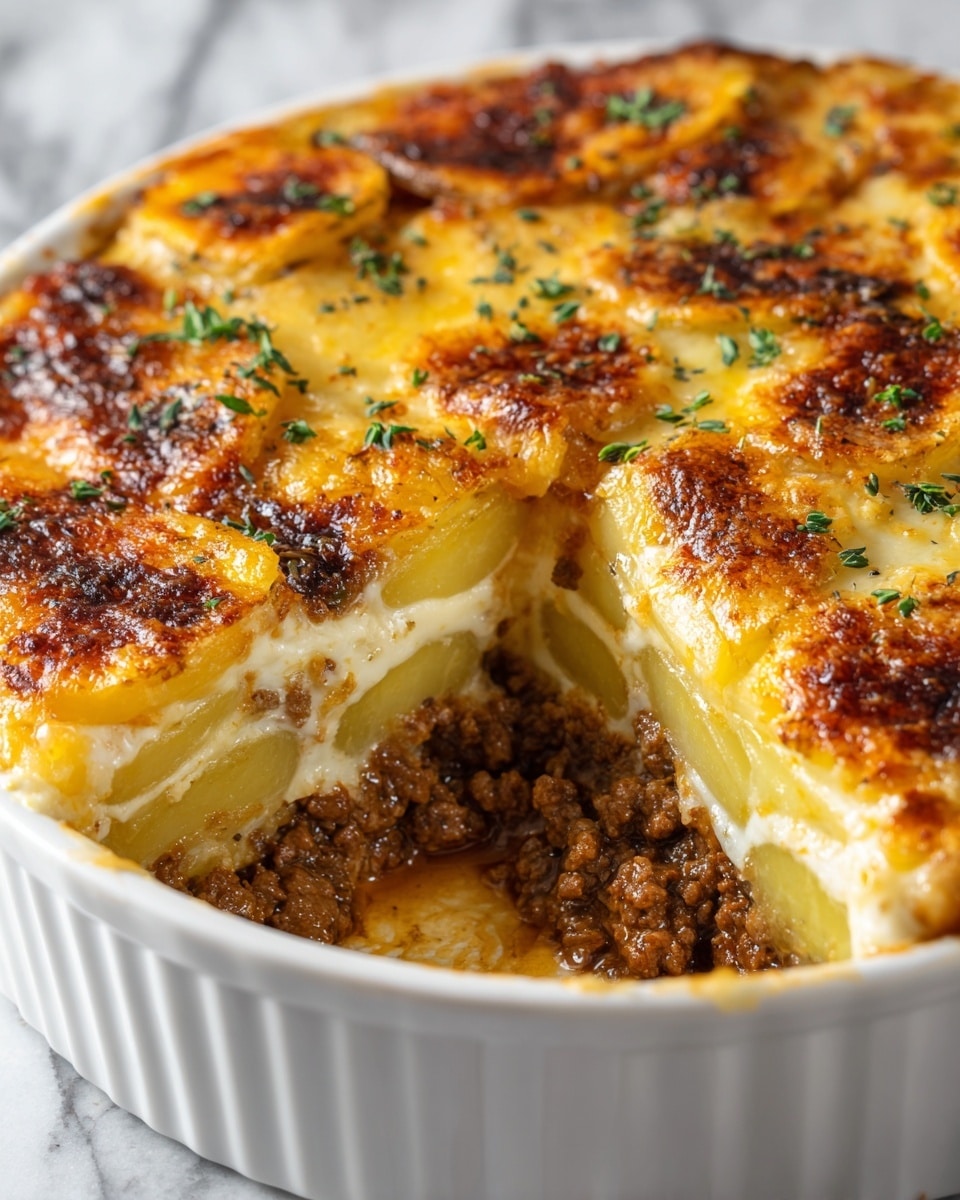 A white round dish contains a baked layered dish with a cut-out section revealing three main layers: the bottom and middle layers are soft, sliced potatoes in pale yellow, while between them there is a rich, crumbly brown ground meat layer. The top layer is golden brown melted cheese with some crispy browned spots, sprinkled with small green herb leaves. The surface under the dish is a white marbled texture. photo taken with an iphone --ar 4:5 --v 7
