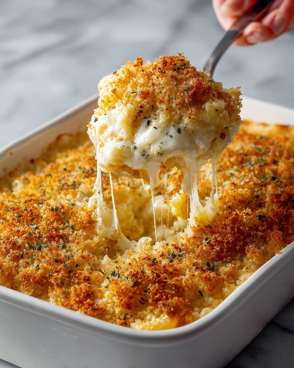 A white casserole dish holds a baked dish with two visible layers: a golden-brown crumb topping with a crispy texture sprinkled with small green herb bits, and beneath it a creamy, cheesy layer with macaroni that stretches with melted cheese as a spoon lifts a scoop. The top layer is rough and crunchy, while the inside layer looks soft, smooth, and gooey with a pale yellow to white color. The dish rests on a white marbled surface, and a woman's hand holds a spoon lifting the creamy portion. Photo taken with an iphone --ar 4:5 --v 7